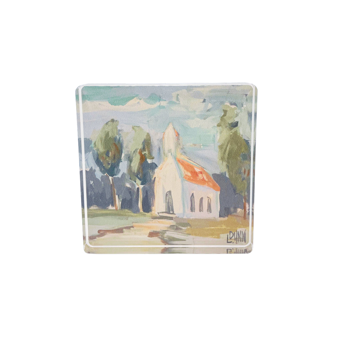 Acrylic church in woods with orange roof